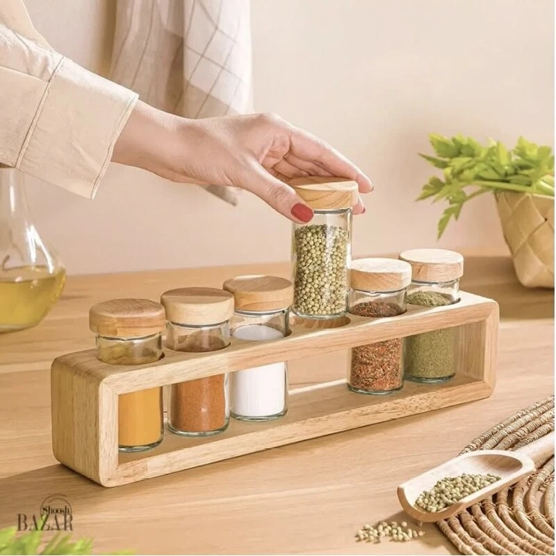 ست جا ادویه 6 پارچه لیمون مدل چوبی کد TP2306 به همراه استند