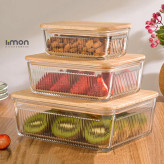 ست ظرف شیشه ای مستطیل شیار دار درب چوبی لیمون کد 2211 بسته ۳ عددی